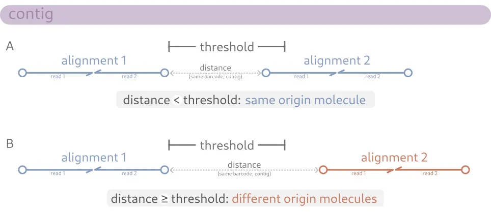 Molecule origin is determined by the distance between alignments with the same barcode relative to the specified threshold